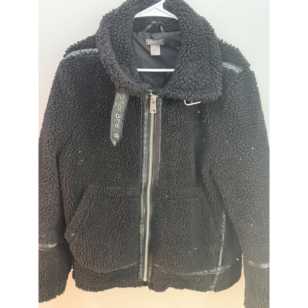 Divided H&M Black Sherpa Teddy Faux Leather Trim Moto Aviator Jacket Size M